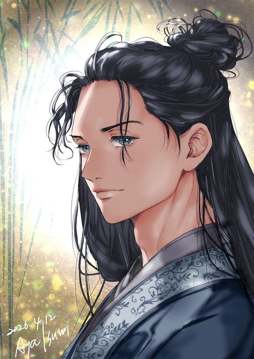 isumi_aya's tweet image. 「竹林にて」
淡い光の中で、静かに微笑む

線画投稿後4時間ですが、完成しました！

#創作男子 #artwork #digitalart