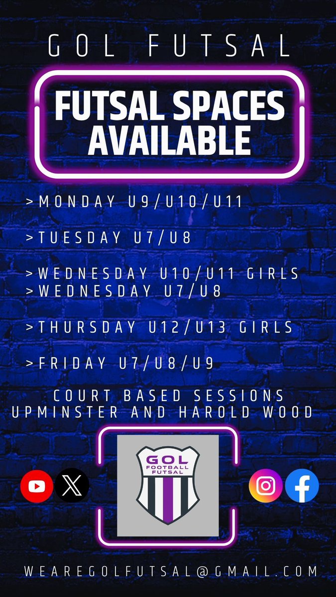 Gol_Futsal's tweet photo. New term availability👇 ⚽️

#Futsal #havering #upminster #haroldwood #hornchurch #trial #taster #session #boys #girls #mixed https://t.co/gOuQlj7q6e