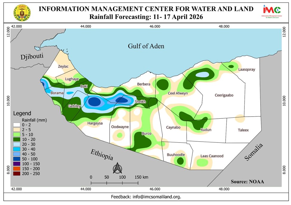 imcsomaliland's tweet photo. Somaliland Weekly Weather Forecast:

Light rainfall is anticipated in Hargeisa, Sheikh, and Berbera, with some areas in Sool and western Zeylac likely remaining dry. 

report: https://t.co/RqXHA7F5x5 https://t.co/iXsxY1z6h3