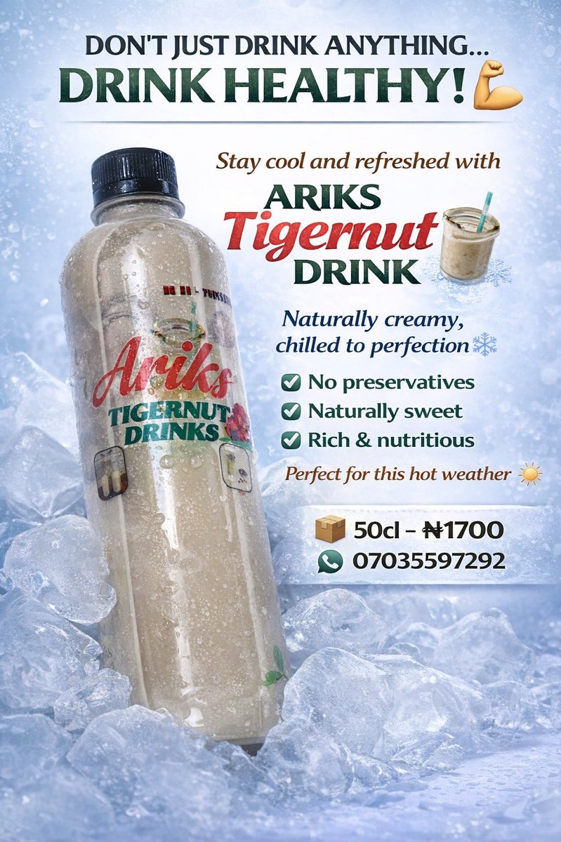 AriksConcept's tweet photo. Happy Sunday famclients 🤍
ARIKS Tigernut Drink is available for pickup 🥤💚

📦 50cl – ₦1700
📦 35cl – ₦1000

Fresh • Healthy • Natural
@InsideOsogbo 
@DaranijoSaalim 
@rhaptorasiwaju https://t.co/2952JQGXV4