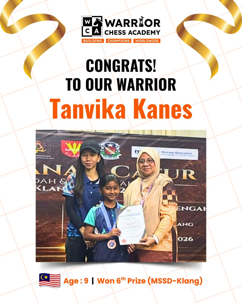 🏆 Our Warrior - TANVIKA wins 6TH PRIZE - RISING STAR! ♟️

🧡 Brought home a Medal + Certificate, U-9 Category at the MSSD Klang Chess Championship 2026 💪

#WarriorChessAcademy #Achievements #Chess #MSSD #Klang #Selangor #Malaysia