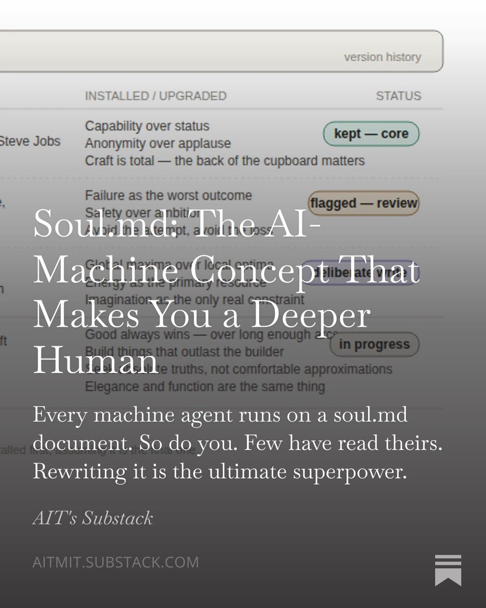 aitmit's tweet photo. Soul.md: The AI-Machine Concept That Makes You a Deeper Human

Every machine agent runs on a soul.md document. So do you. Few have read theirs. Rewriting it is a superpower.
https://t.co/zmqwOMWPhG https://t.co/HuXEXGt9QH