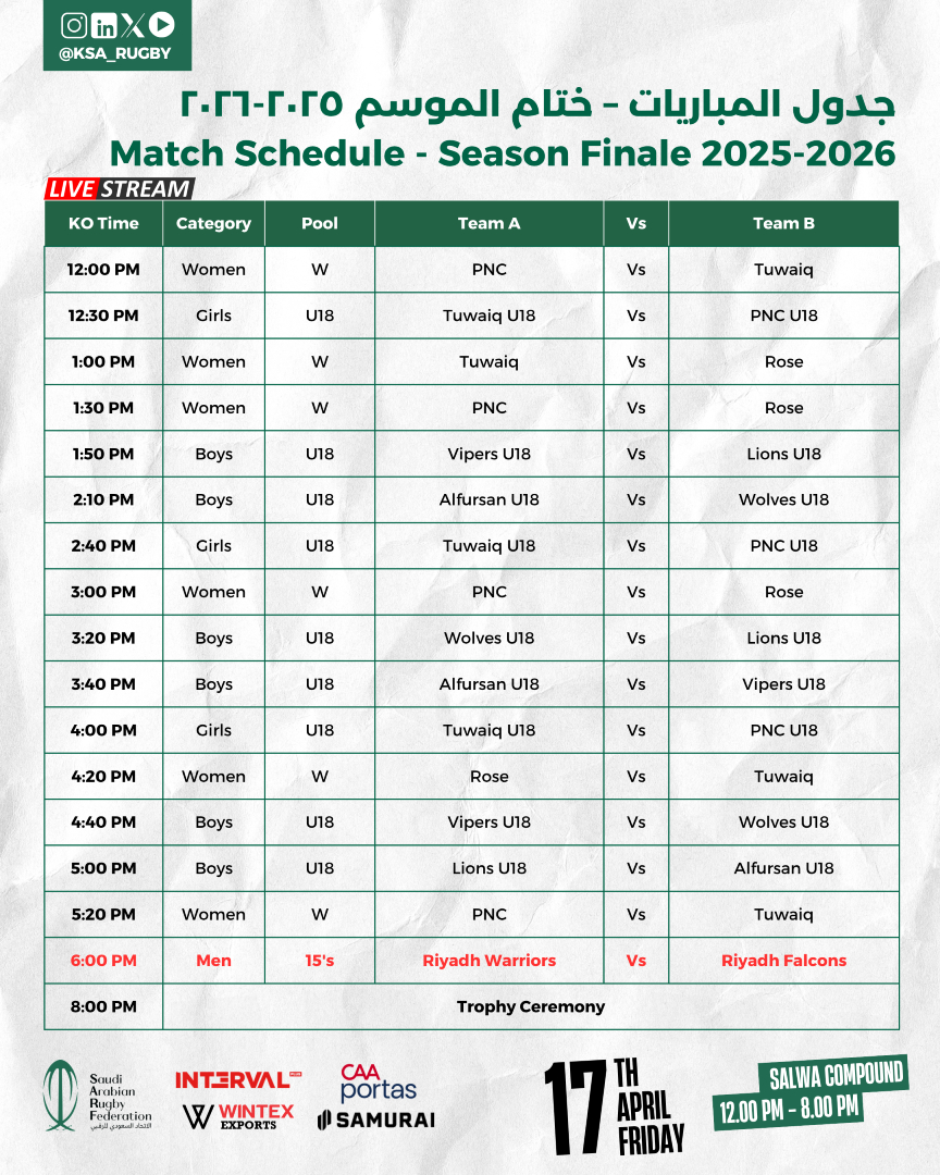 جدول المباريات - ختام الموسم ٢٠٢٥-٢٠٢٦ 🏉🔥

Match Schedule - Season Finale 2025–2026 is out 🏉🔥

📲 Follow us for live coverage and updates

Sponsored by:
<a href="/intervalplus/">IntervalPlusCrossFit</a>
@wintexexports1
<a href="/caaportas/">CAA Portas</a>
@samuraisportswear
📸 <a href="/phot/">phot</a>.views
#SARF #الاتحاد_السعودي_للرقبي