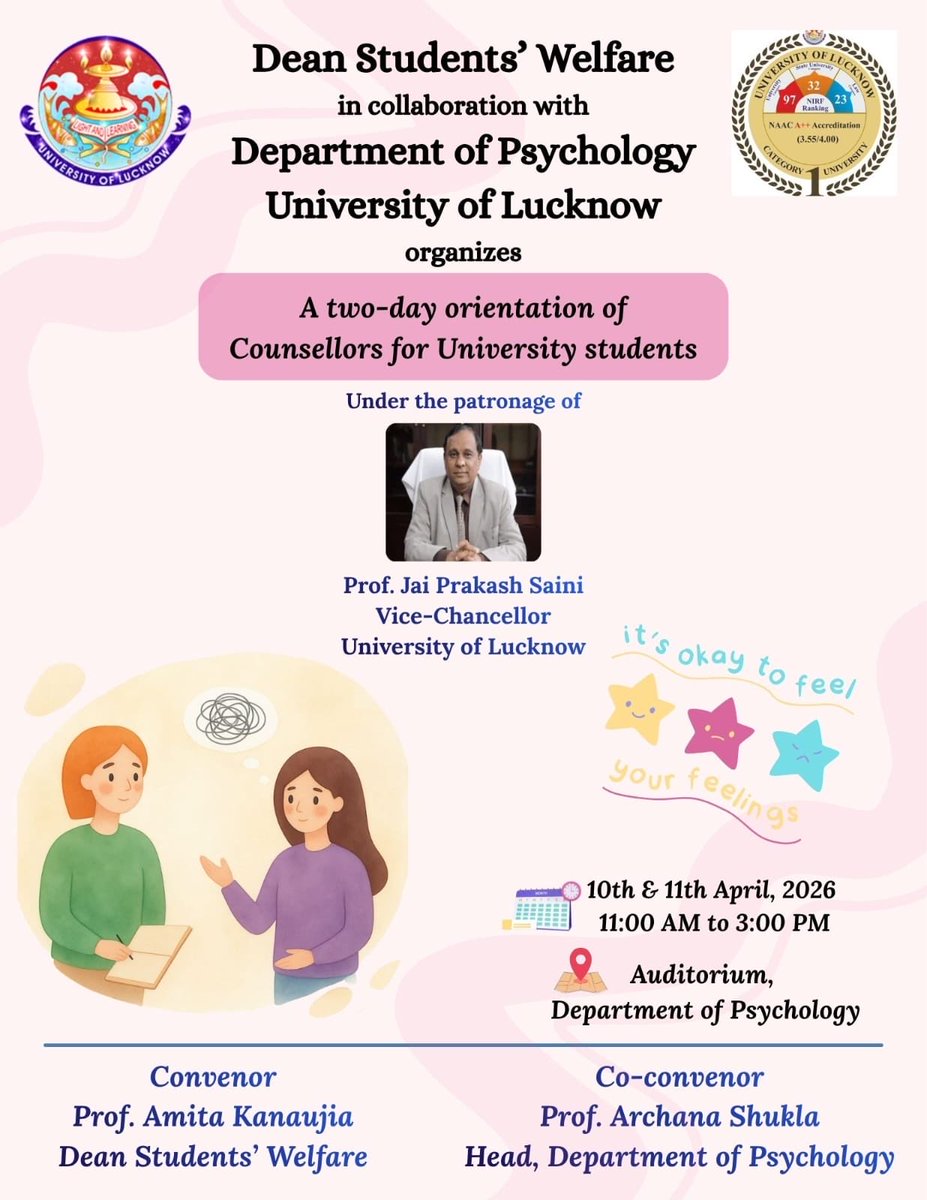 drarchanapsy's tweet photo. Department of Psychology,University of Lucknow successfully completed2 days orientation of Counsellors for University students https://t.co/P2lLWlnz0K