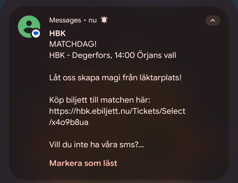 kasi71's tweet photo. En allsvensk klassiker:

1, Köp bortakortet.
2, Få random SMS om matchdag från landets alla hörn.
3, Länken till avregistrering funkar inte. 

Fina svensk fotboll! https://t.co/y3hRbAQ8f4