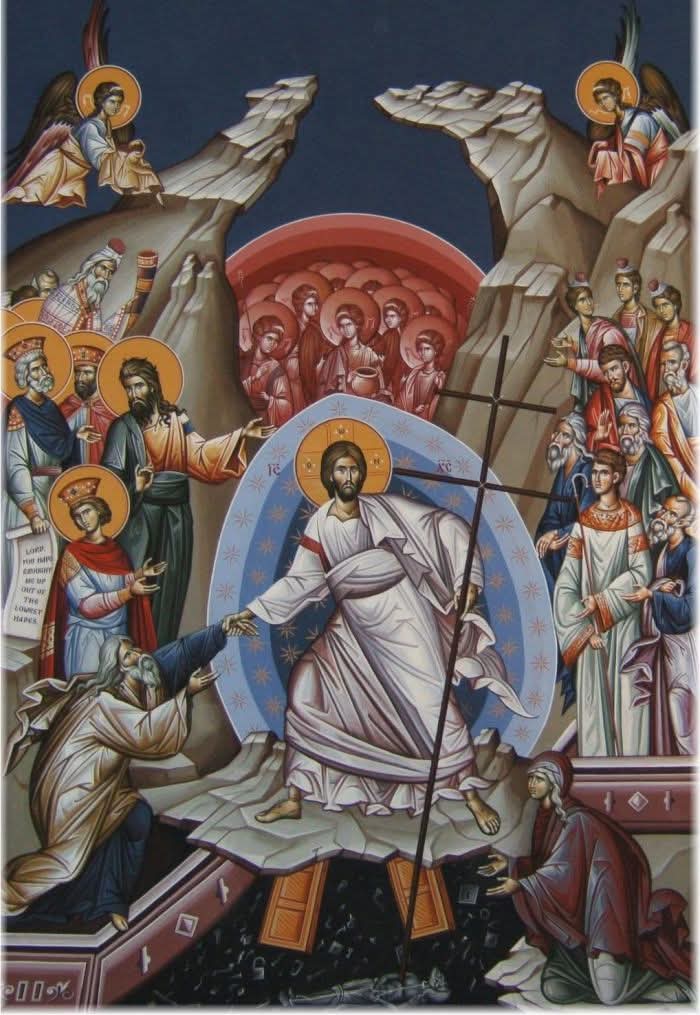 O death, where is thy sting?
O Hell, where is thy victory?

Christ is Risen, and you, o death, are annihilated!
Christ is Risen, and the evil ones are cast down!
Christ is Risen, and the angels rejoice!
Christ is Risen, and life is liberated!

Christ is Risen, and the tomb is