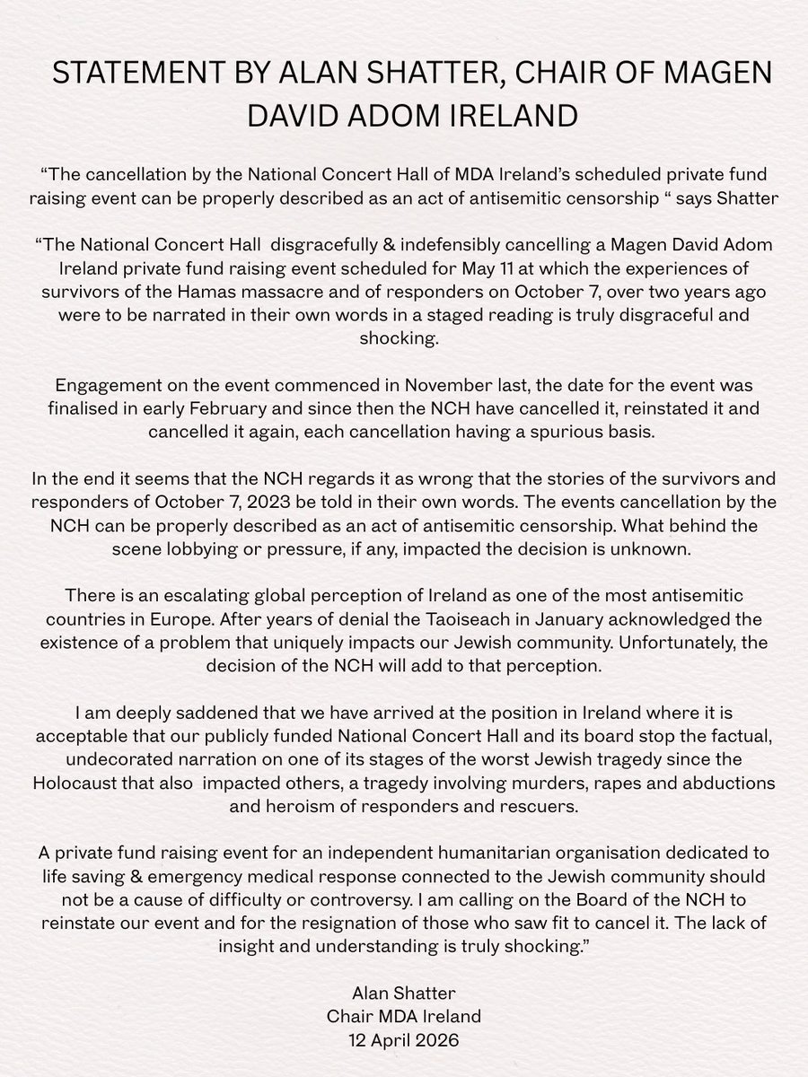 RachelMoiselle's tweet image. I am on a Twitter break but am compelled to return to post about a significant incident of antisemitic censorship in Ireland. 

Please see former Justice Minister Alan Shatter’s statement below. The National Concert Hall, which is state funded, has cancelled a play that focuses