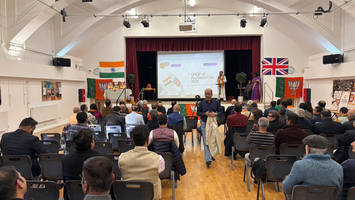 OFBJPUK's tweet photo. OFBJP UK – London proudly celebrated the 47th Foundation Day of BJP 🇮🇳
With Diya lighting & Vande Mataram, the event reflected unity & dedication.
Exhibition on Integral Humanism was a key highlight.
#BJPFoundationDay #OFBJPUK
@BJP4India @NitinNabin @narendramodi @vijai63 @shishirkb @overseas_bjp