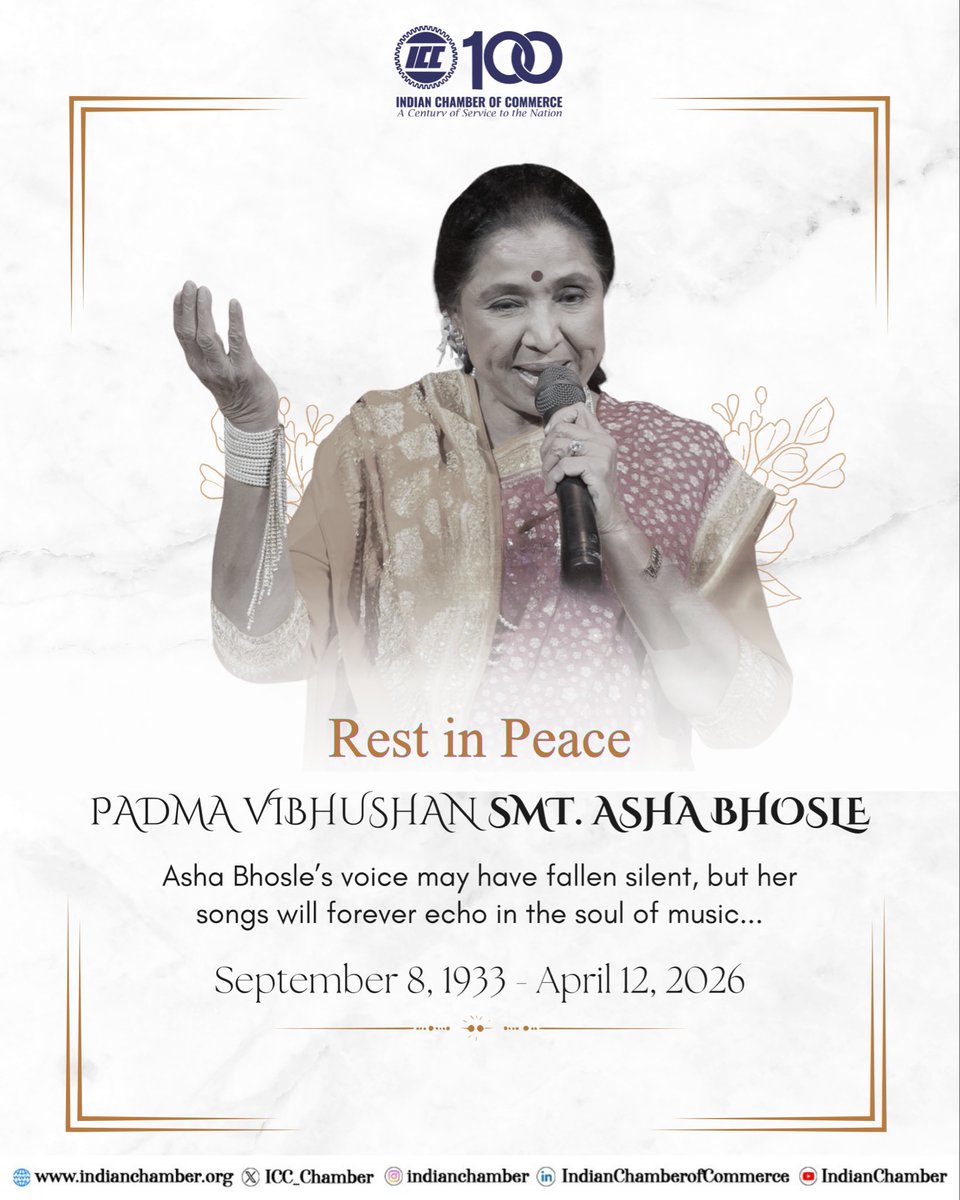 ICC_Chamber's tweet photo. Indian Chamber of Commerce mourns Asha Bhosle ji’s demise, recognising her unparalleled contribution to Indian music and culture.

#AshaBhosle #IndianChamberOfCommerce #Singer #India 

@ashabhosle https://t.co/sfgLhbgdem