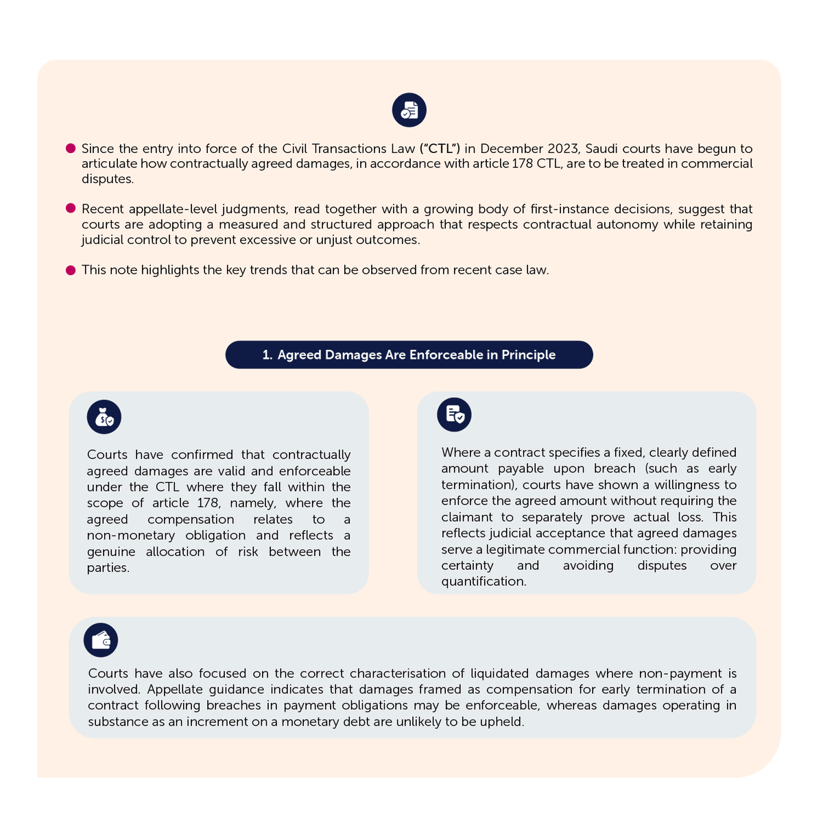 ZcoTweets's tweet photo. The Civil Transactions Law, at article 178, clarified the enforceability of liquidated damages provisions, subject to a number of controls to prevent excessive or insufficient damages payments.

We’re now seeing Saudi court decisions confirming these principles, subject to judicial scrutiny and proportionality control.

Our latest brief highlights key trends and practical considerations for contracting parties.