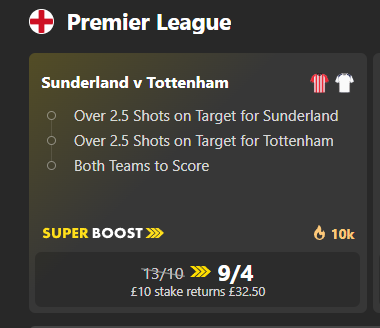 Tombrownlee's tweet image. ⚽️🚀

Todays superboost is 9/4:

Both teams to score &amp;amp; both teams 3+ shots on target (Sunderland vs Spurs).

This has a 37% chance of landing (3.25/2.7 = 120% EV). 2.92 to back on the exchanges.

We can't multiply these three together because (almost) every goal is a shot on