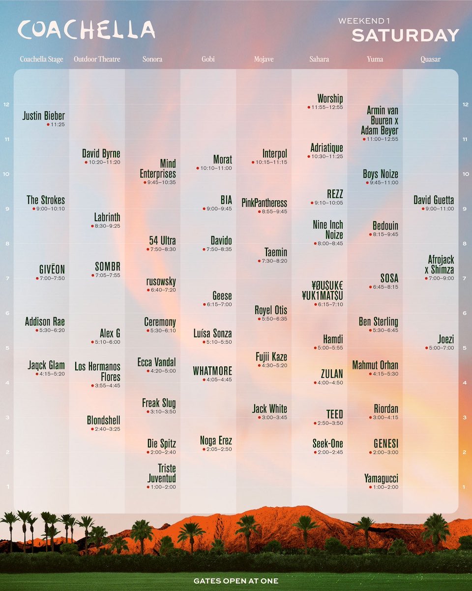 SATELLITECITYBS's tweet photo. #Coachella2026 DAY2配信をみる
#AlexG #BlondShell #TheStrokes  (サマソニでみたい)が良かった。#SOMBR  は1979がサプライズではあったけど、スター感あった。#JustinBieber  もシンプルなステージで良かった。個人的には、昨日のサブリナよりもこっちが好みだなー。明日は平日だからみれない😢 https://t.co/Oa2MrS0vfH