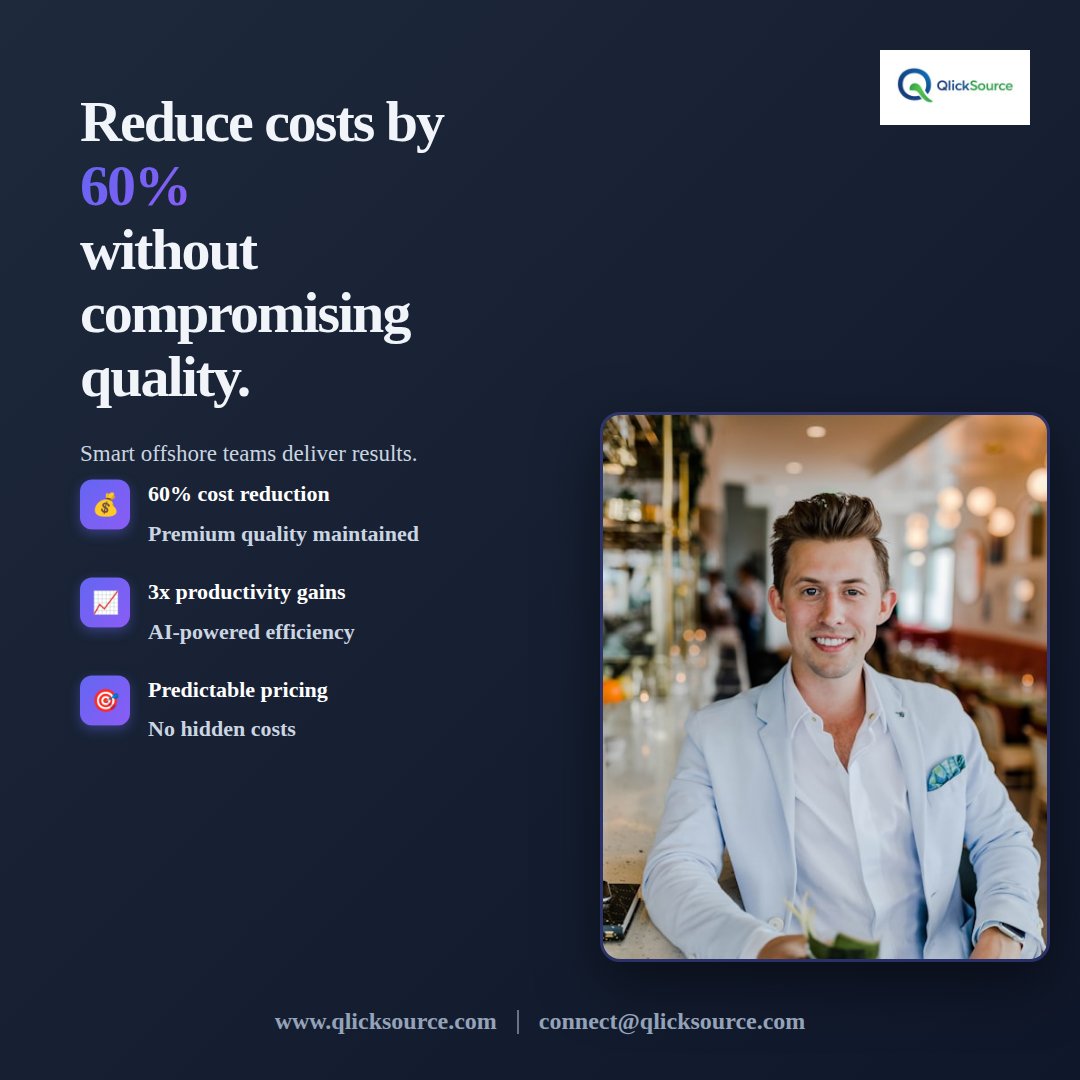 qlick_source's tweet image. Reduce costs by 60% without compromising quality.

#CostOptimization #OffshoreStaffing #Productivity #AIWorkflows #BusinessEfficiency #SmartHiring #QlickSource #RemoteWork #LeanOperations #ROI