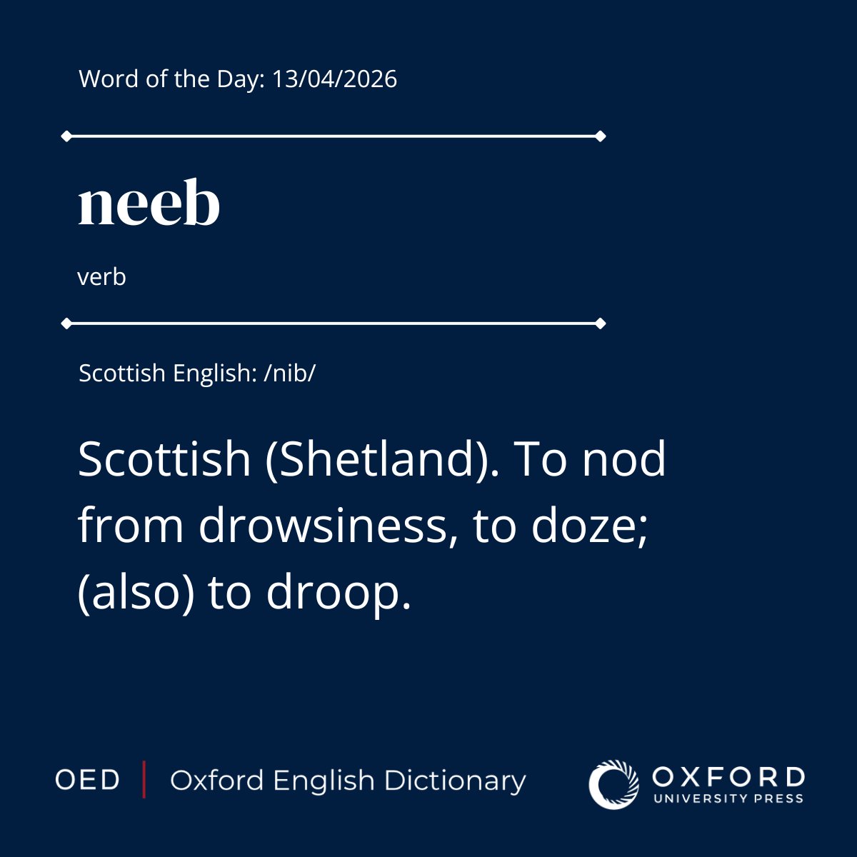 OED's tweet image. OED #WordOfTheDay: neeb, v.

Scottish (Shetland). To nod from drowsiness, to doze; (also) to droop.

View the entry:  oxford.ly/4e8eg6n