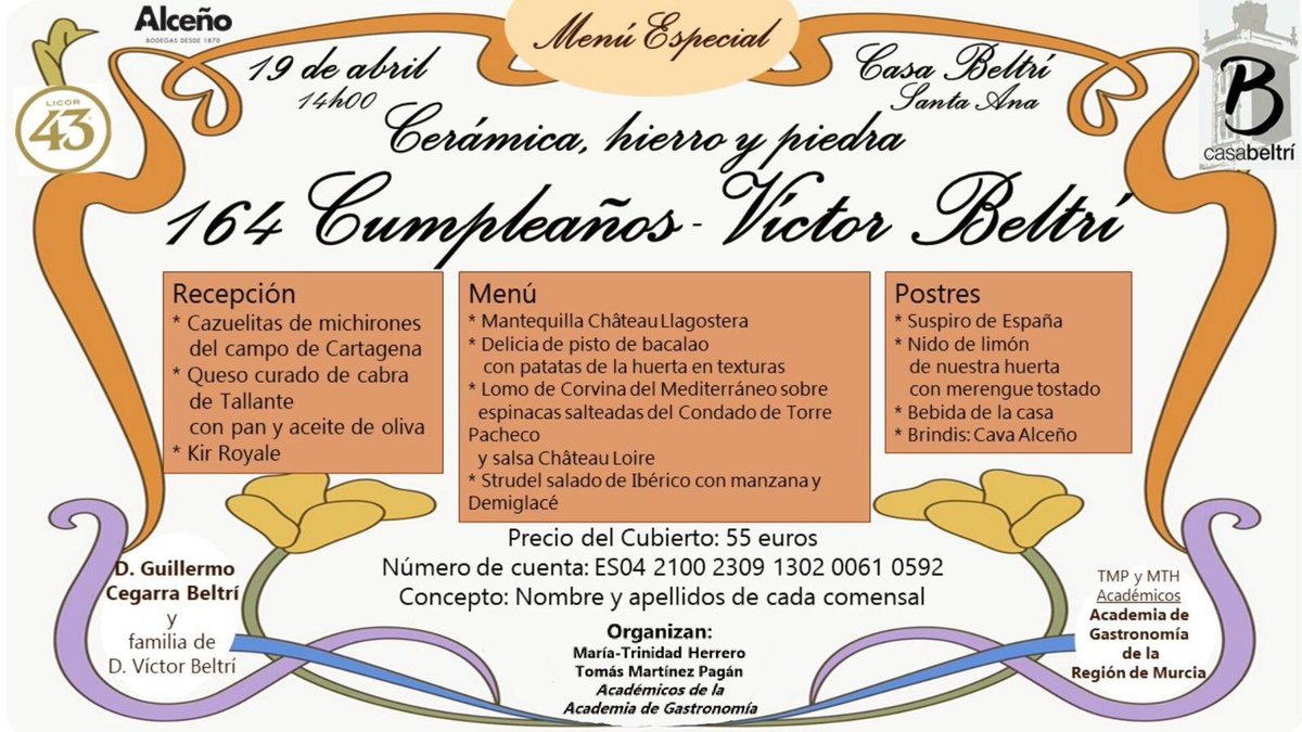 APT_CT's tweet photo. 🍽️ Una mesa para celebrar la historia, el sabor y la identidad.
El próximo 19 de abril, Casa Beltrí acoge un menú especial en homenaje a Víctor Beltrí, donde cada plato conecta con la esencia del #CampodeCartagena
Una experiencia gastronómica que es también memoria y patrimonio https://t.co/rCl0e1tdFQ