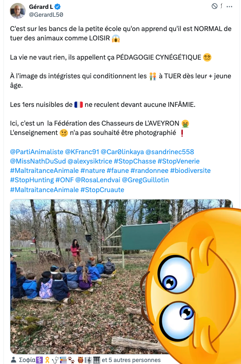 FrancAller_info's tweet image. Le Gégé #vegan du jour 🤦‍♂️

C'est curieux, qu 'il ne donne jamais de lien, non ?
Des fois qu'on verrait de quoi il parle ?
Comme cette animation pédagogique de la fédé des #chasseurs de l'#Aveyron, strictement encadrée par une convention avec l'Éducation nationale…
#ChassePartage