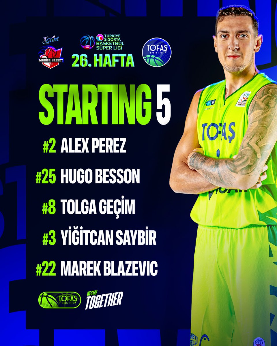 TofasSporKulubu's tweet image. #BSL l 📣 𝗚𝗹𝗶𝗻𝘁 𝗠𝗮𝗻𝗶𝘀𝗮 𝗕𝗮𝘀𝗸𝗲𝘁 deplasmanında ilk 5'imiz; ⤵️

▪️ Alex Perez
▪️ Hugo Besson
▪️ Tolga Geçim
▪️ Yiğitcan Saybir
▪️ Marek Blazevic

#WeStayTOGETHER 🔵🟢 #BirlikteZaferlere