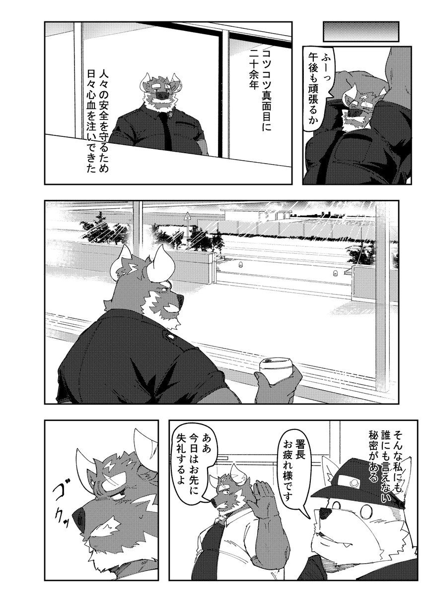 Eorzea_Riley's tweet photo. 関けも 新刊情報①「Bad Police は 観られ好き!?」
ノンケの警察署長の牛おっちゃんの秘密の趣味はまさかの露出！？
ある日そんなイケない行為を熊お兄さんに抑えられてしまう...💦
口止めとして何でもすると申し出るが、それに対する熊お兄さんの要求とは...！みたいなお話です🐂
(1/3) https://t.co/ucdB9z3lue
