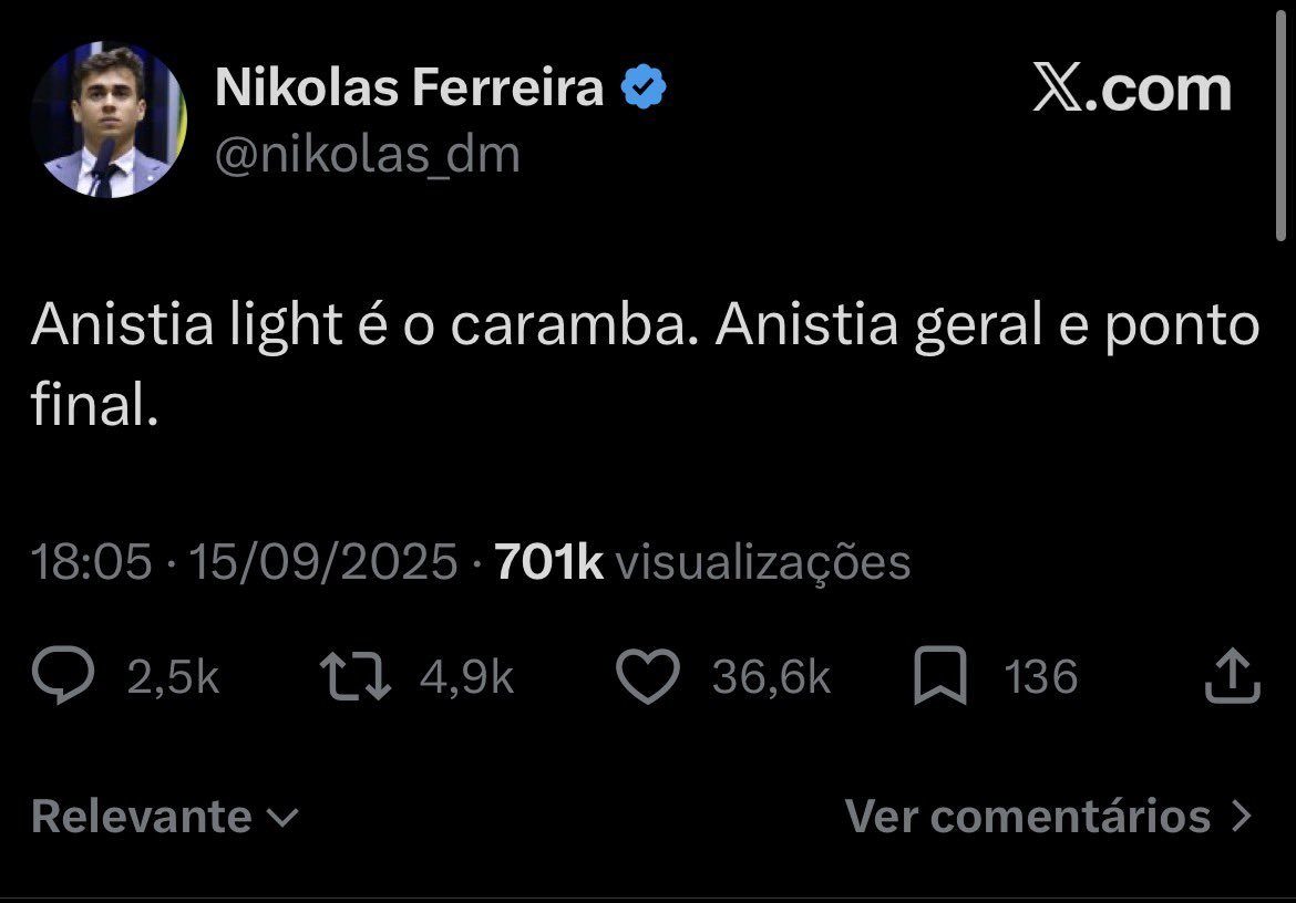 Vou fazer uma thread mostrando a cronologia no X sobre a questão da dosimetria e por que o 'bolsonarismo dos dossiês' se transformou em um 'lulismo'.

-Setembro de 2025: Nikolas, mesmo sem utilizar o termo 'dosimetria', manifesta-se abertamente de forma contrária a ela.

🧶