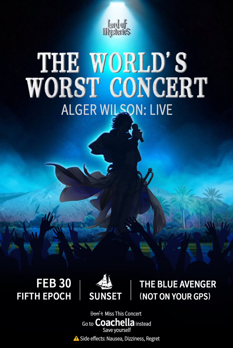 LOM_officialEN's tweet photo. We're legally required to warn you: Alger Wilson live isn't a concert; it's a test of survival. 🎤❌ If you value your ears, stay in the Coachella desert. #LordOfMysteries #LoM #Coachella2026 #AlgerWilson https://t.co/nimG1g4XWg