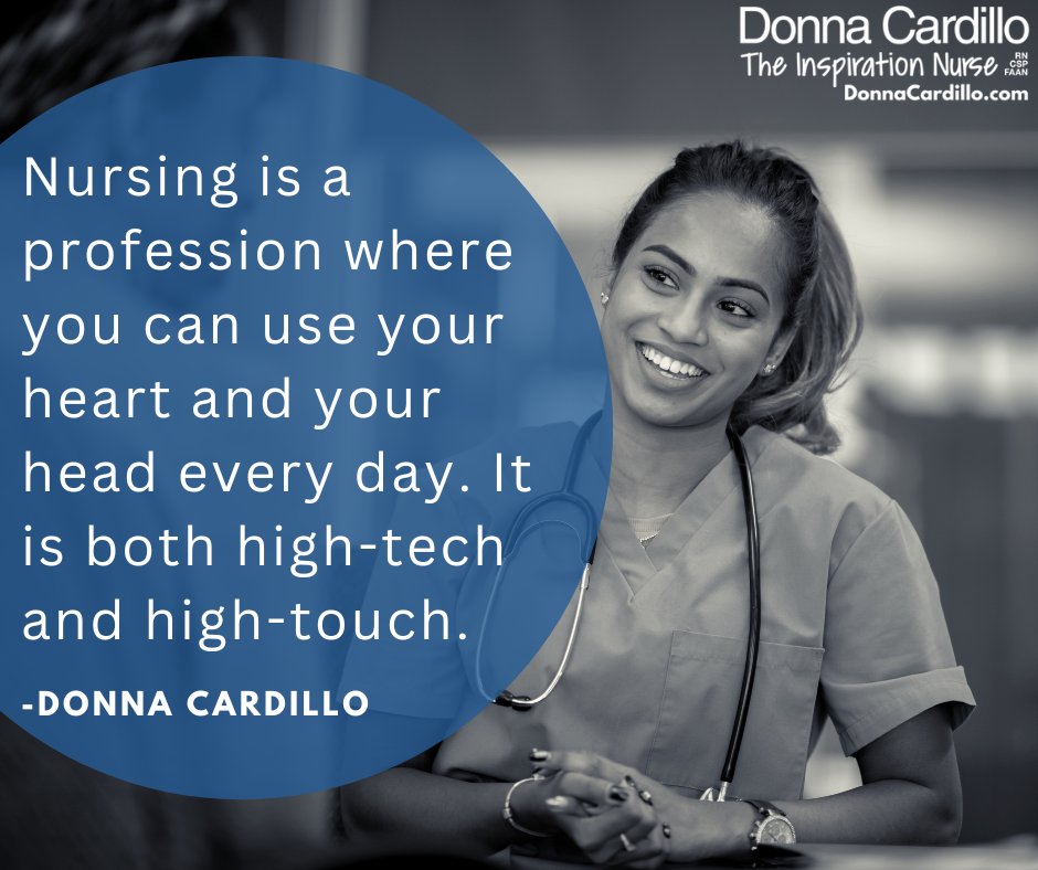 DonnaCardilloRN's tweet image. Nursing is a profession where you can use your heart and your head every day. It is both high-tech and high-touch. -Donna Cardillo 
DonnaCardillo.com
#nurse #career #TheInspirationNurse #profession #nursing #NurseTweet #NurseTwitter
