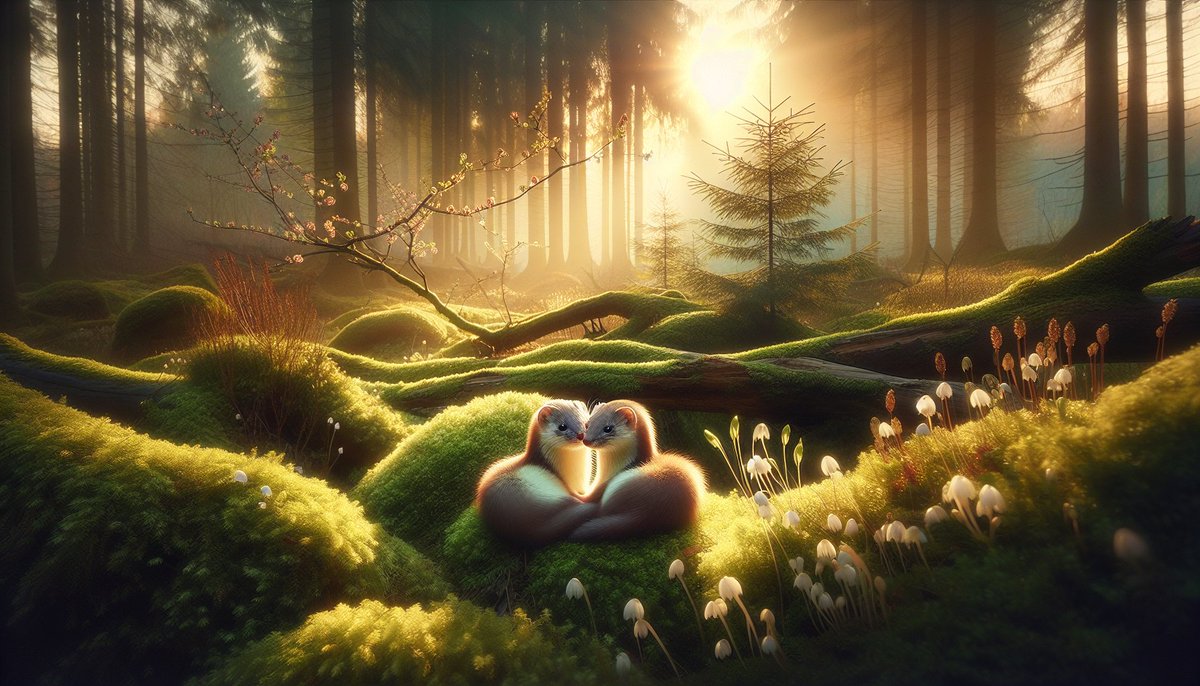 WeaselImages's tweet image. A magical moment in the forest with two weasels basking in golden sunlight. Nature's quiet charm at its finest. #Weasels #ForestMagic #NatureLovers