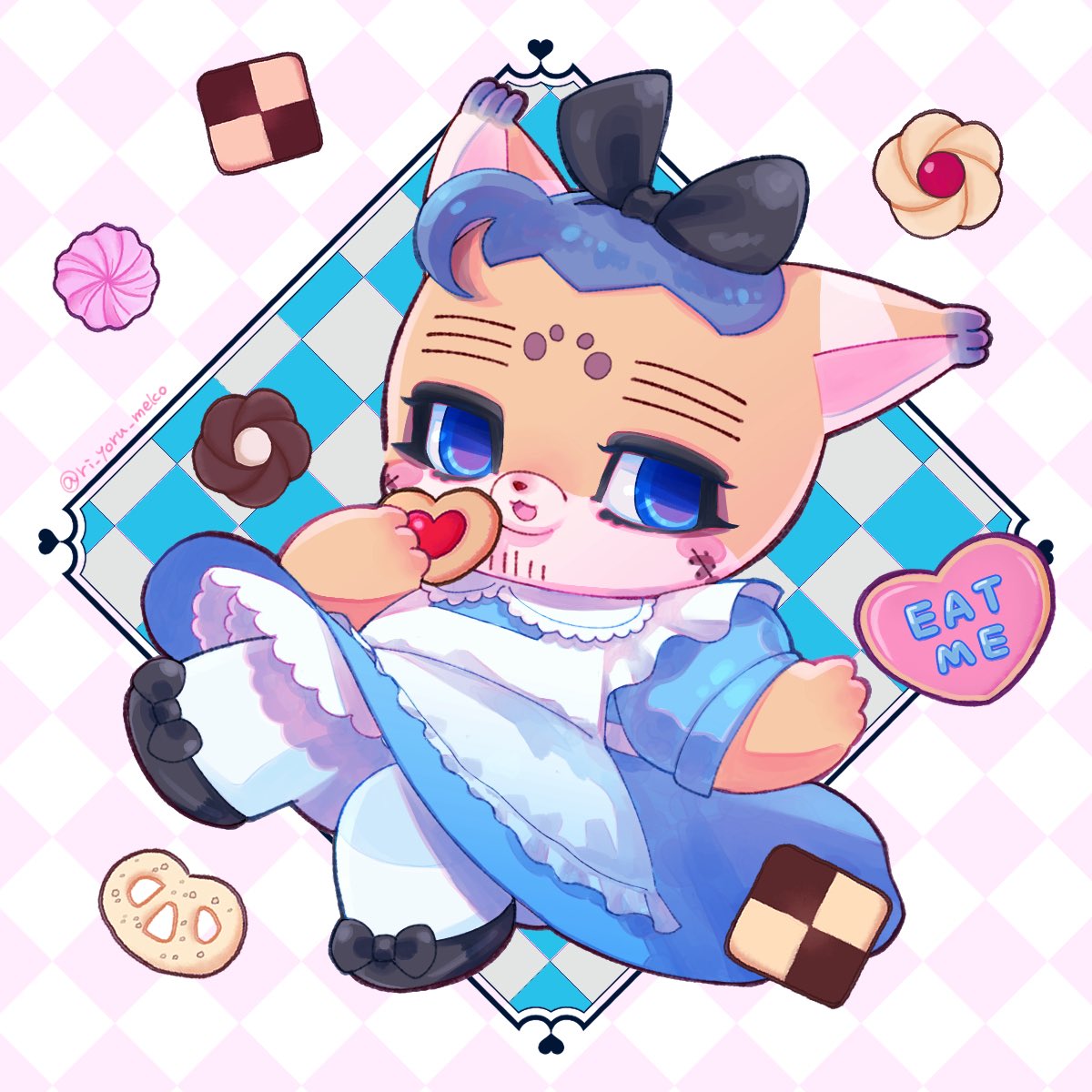 お待たせしました！🙇‍♀️🙇‍♀️
リクエストいただいた、不思議の国のアリスのお洋服でお菓子を食べるほぜおちゃんです🍪
お菓子ごとほぜおちゃんを食べちゃいたいです👴