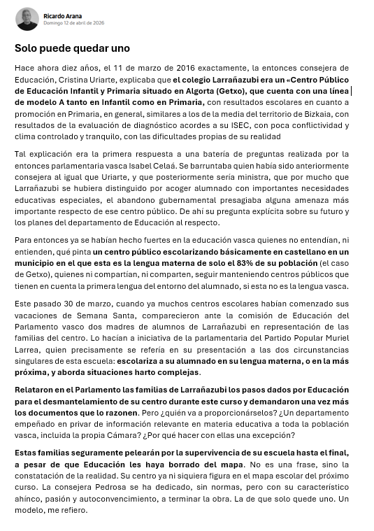 ⭕️Gobierno vasco y  Ayto. de Getxo gobernados por PNV + PSOE cerrarán el único centro de Ed. Infantil y Primaria dónde se puede estudiar EN español 
<a href="/hezkuntzaEJGV/">Hezkuntza Saila - Departamento de Educación</a>  niega a las familias la documentación oficial "que justifica" el cierre para impedirles ir a los tribunales
Lean 👇