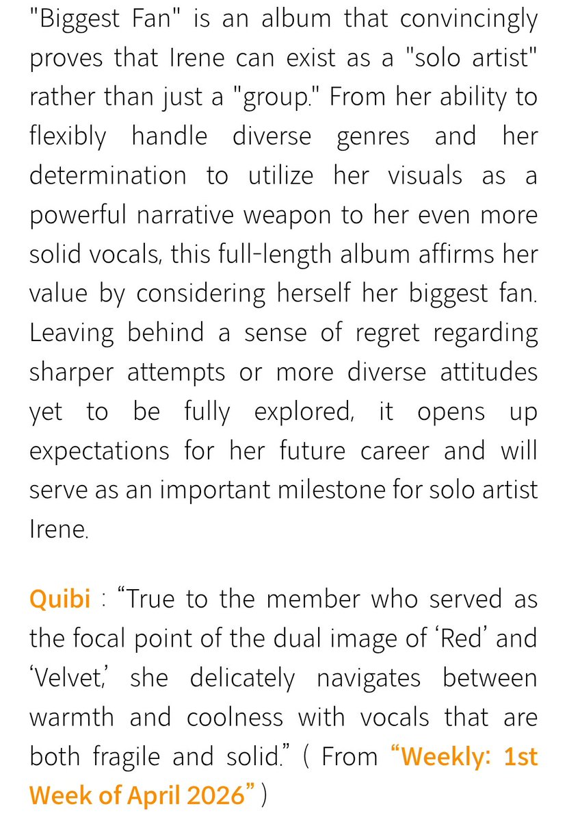 SoloBae91's tweet photo. Short reviews by the Idology writers on notable new idol pop releases in March 2026.

#아이린 #IRENE "Biggest Fan" review

https://t.co/OC2bZE2Lvq https://t.co/UBbI0utxDQ