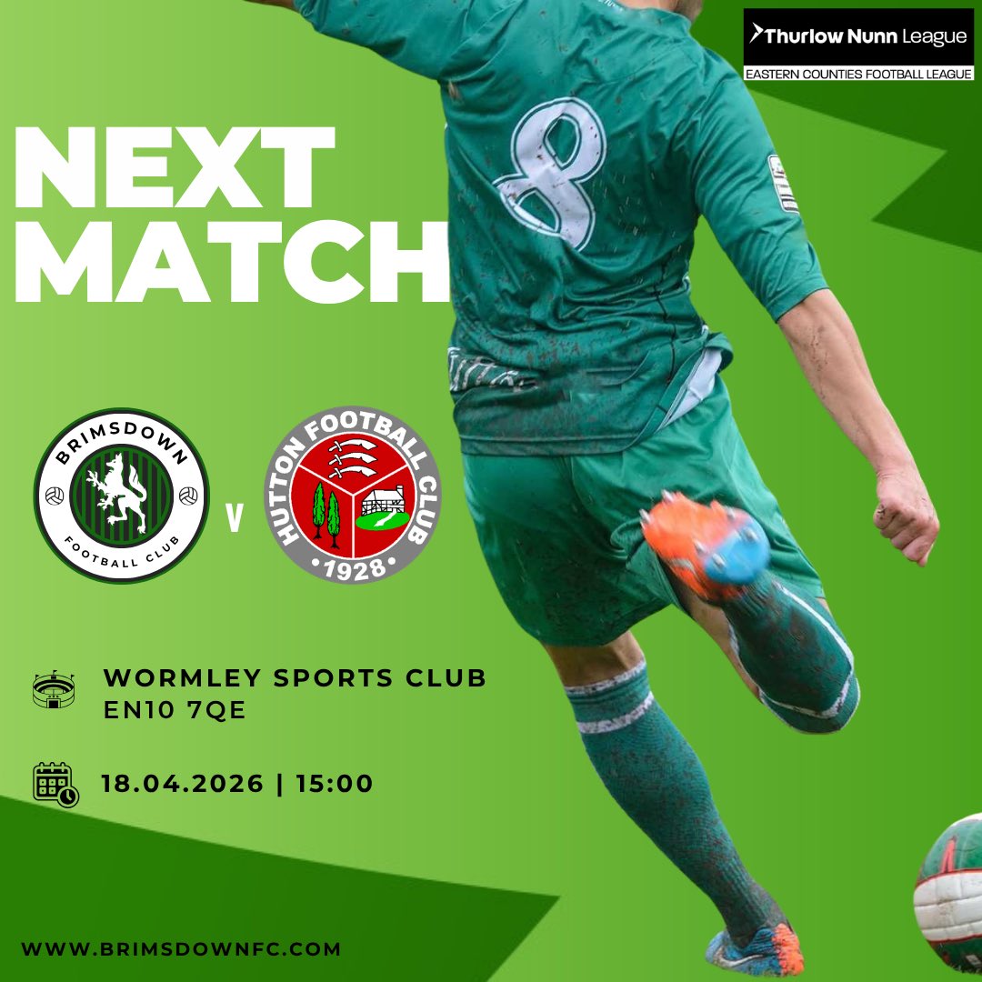 BrimsdownFC's tweet photo. Last home match of the season as we welcome @huttonfc 
Support is appreciated!! 

📅18/04/26
⏰3pm 
📍Wormley Sports Ground EN10 7QE

Prices: 
Adult £7 - Concession £5 - U18 £4 https://t.co/SobYmdgFja