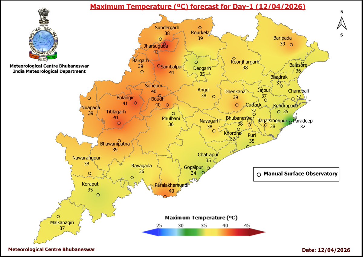 mcbbsr's tweet image. Maximum Temperature Forecast for next 5 days
#Odisha #hot #temperature