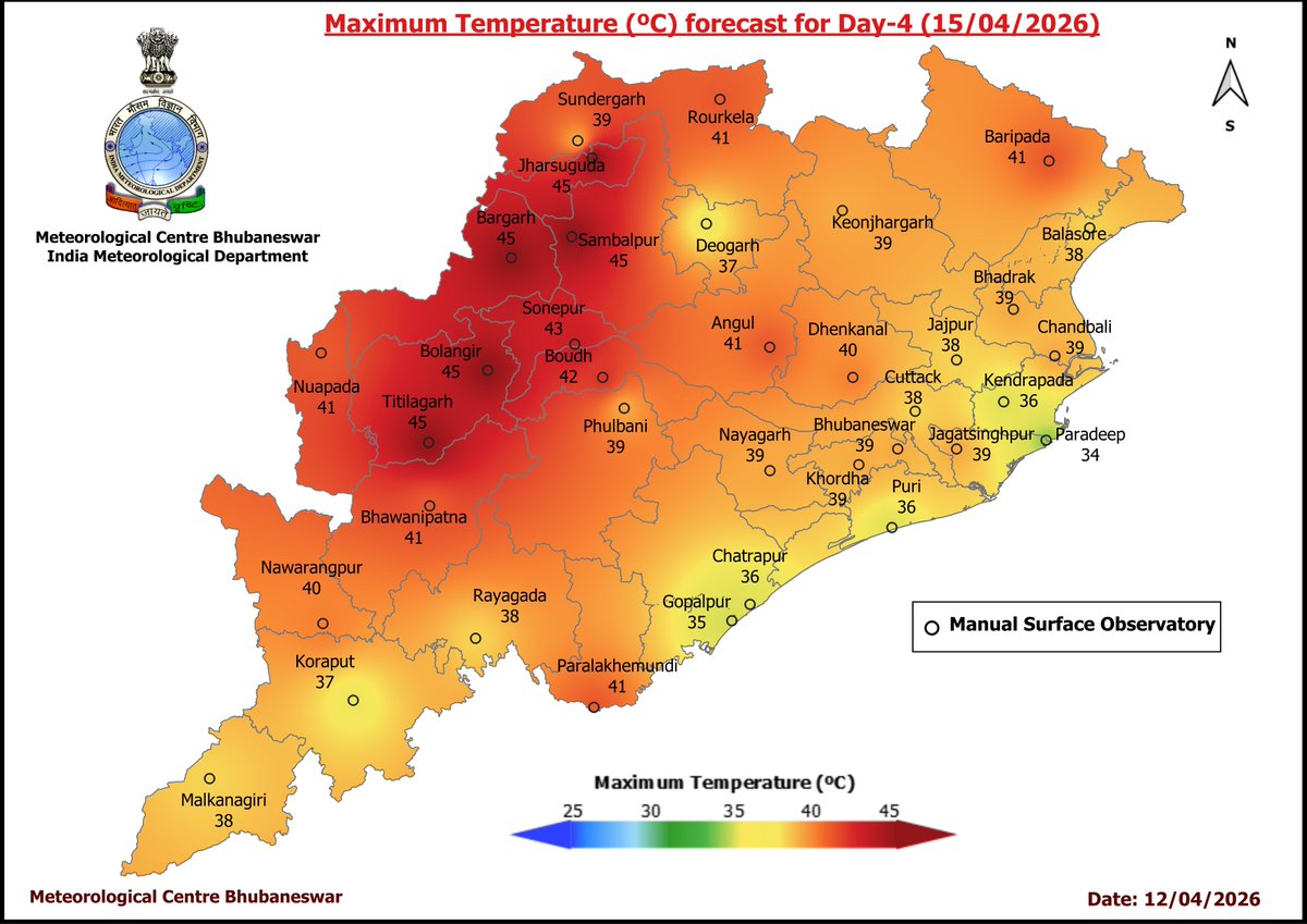 mcbbsr's tweet image. Maximum Temperature Forecast for next 5 days
#Odisha #hot #temperature