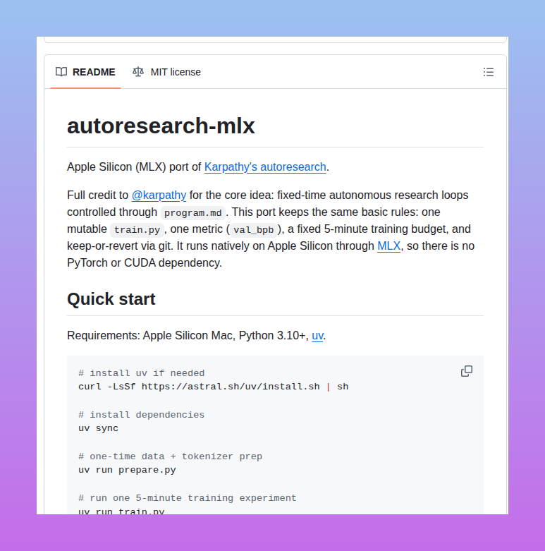 tom_doerr's tweet image. Native Apple Silicon MLX port of Karpathy’s autoresearch

github.com/trevin-creator…