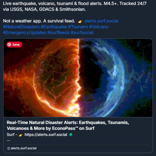 PrepGearX's tweet photo. Live earthquake, volcano, tsunami &amp; flood alerts. M4.5+. Tracked 24/7 via USGS, NASA, GDACS &amp; Smithsonian.  Not a weather app. A survival feed.
👉 https://t.co/IioFAhENyt
#NaturalDisasters #Earthquake #Tsunami #Volcano #EmergencyUpdates #surffeeds #surfsocial https://t.co/eZa3zXXF7O