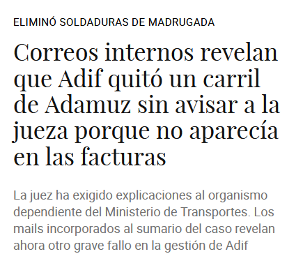 Según correos incorporados al sumario, el organismo detectó que 36 metros de carril instalados no figuraban en facturas ni órdenes de entrega de proveedores como ArcelorMittal y la empresa instaladora Talleres Alegría SL, lo que abrió dudas sobre la trazabilidad del material.