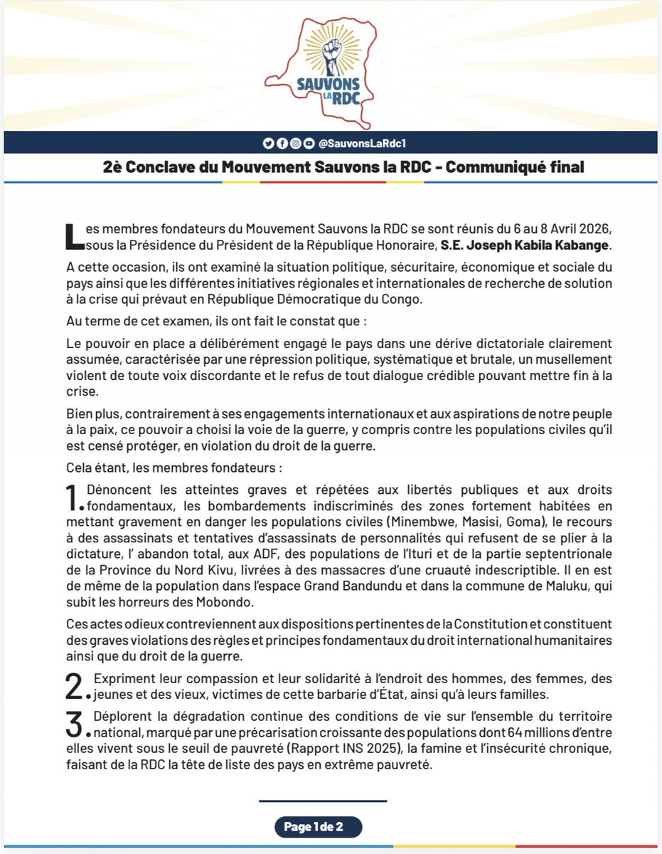 afrikarabia's tweet image. #RDC Le 2e #conclave de Sauvons la RDC de Joseph #Kabila dénonce :
▶️Une dérive dictatoriale clairement assumée, caractérisée par une répression politique, systématique
▶️Les bombardements indiscriminés des zones fortement habitées
▶️À cause de la mauvaise foi du pouvoir en