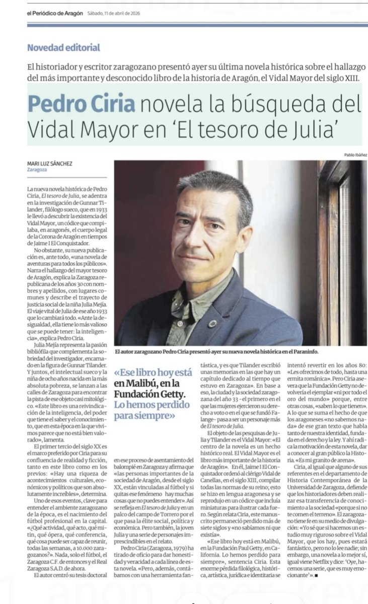 Sergbar's tweet photo. «Este libro es una reivindicación de la inteligencia, del poder que tiene el saber y el conocimiento, que en esta época en la que vivimos parece que no está bien valorado.»

✍🏼 Pedro Ciria y el Vidal Mayor. @12DoceRobles @HistoriadAragon en novela @unizar 'El tesoro de Julia' 😀 https://t.co/KbJQpFivQk