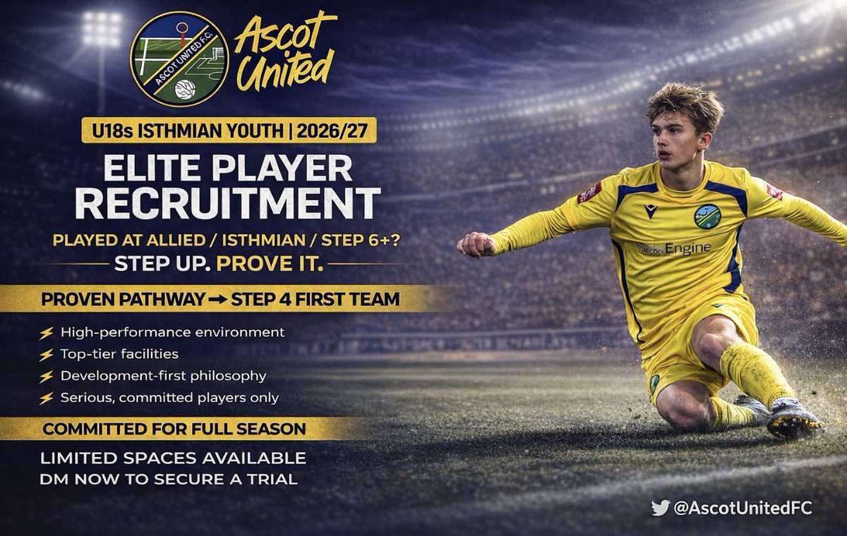 DavidBurton1971's tweet photo. STEP UP. PROVE IT. ⚡

Played Allied, @IsthmianLeague or Step 6+?

Think you’ve got what it takes ⁉️

Then @AscotUnitedFC u18s could be for you…

This isn’t for everyone. Most talk about it…
Few actually STEP UP AND PROVE IT 👀

⚡ High-performance environment
⚡ Real pathway to Step 4 football
⚡ Serious, committed players only

No passengers. No shortcuts.

🚨 Limited spaces available for next season 
📩 DM now to secure your trial 

#NonLeague #FootballTrials #StepUp
