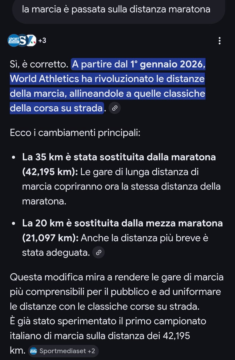 Lo scopro solo ora guardando i Campionati del Mondo a Brasilia, attualmente in corso. Questo fa di me un ex sportivo distratto e poco attento. Ma era ora cambiare quelle distanze amorfe (20 km e 35 km) in quelle classiche di 21.0975m e 42.195m.