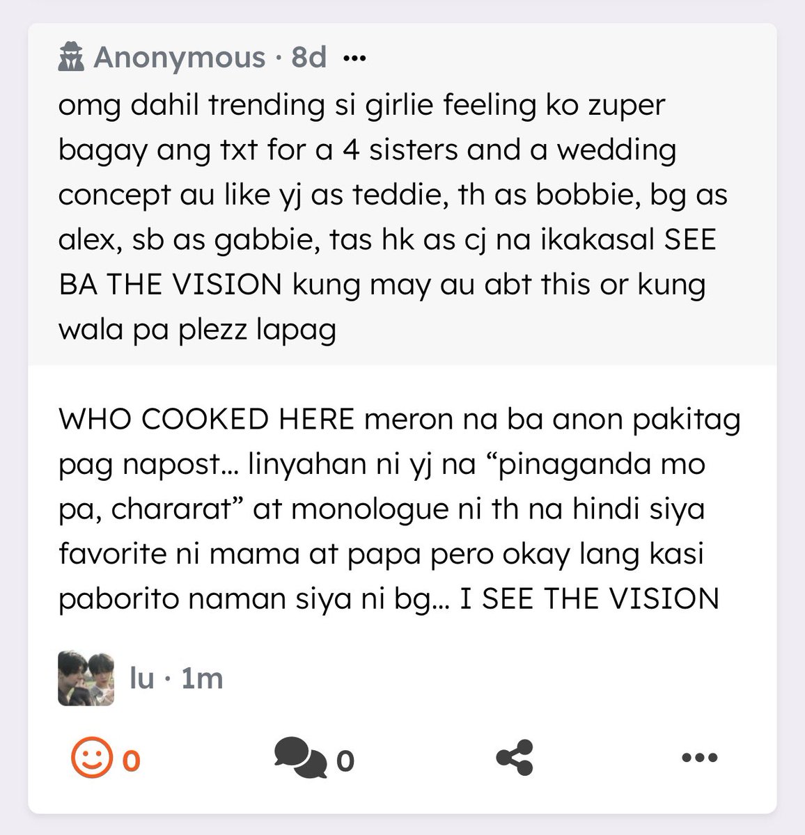 omg dahil trending si girlie feeling ko zuper bagay ang  txt for a 4 sisters and a wedding concept au like yj as teddie, th… — WHO COOKED HERE meron na ba anon pakitag pag napost… linyahan ni yj na “pinaganda mo pa, chararat” at monologue ni th na hin… revospring.net/@dearjukkyu/a/…