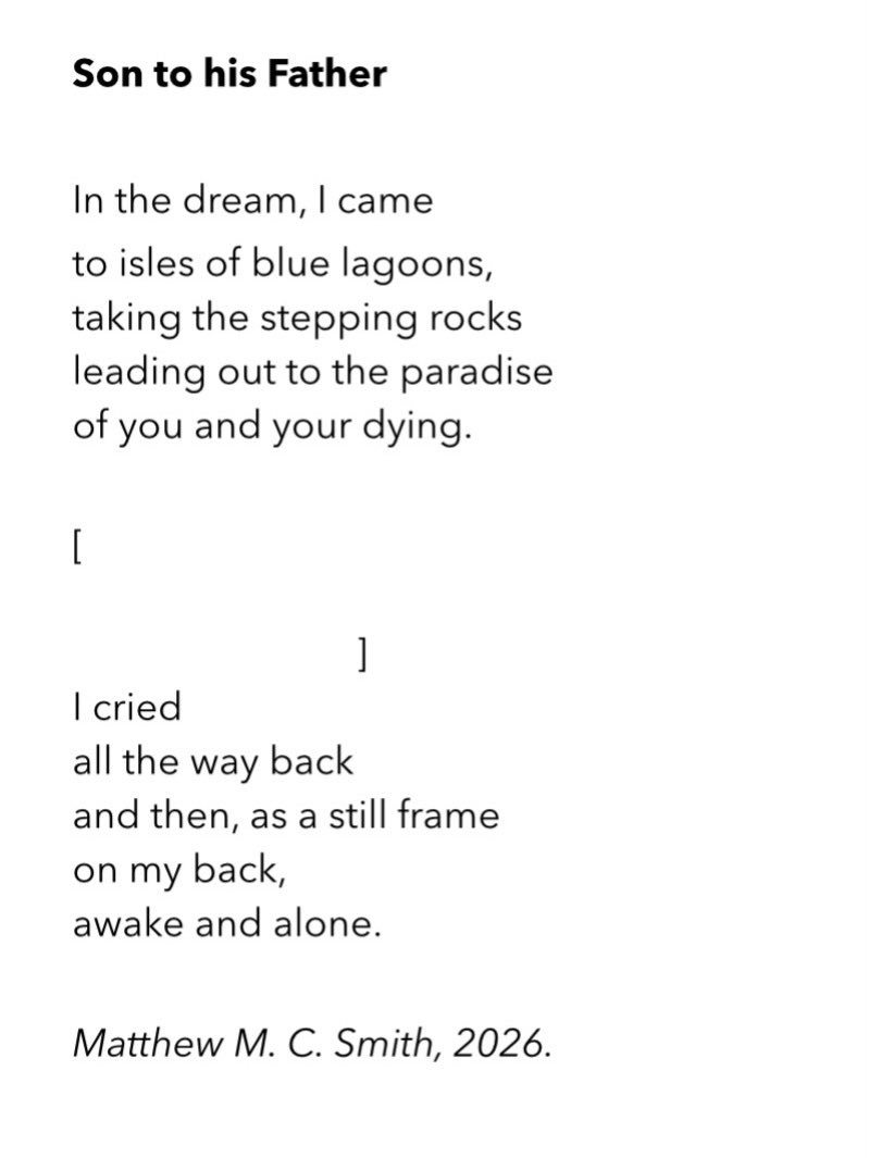 MatthewMCSmith's tweet image. Woke up from a terrible grief-nightmare about my father.

#grief #father #poet #poem 

For #smallpoemsunday

Thanks to @TomSnarsky for this platform
