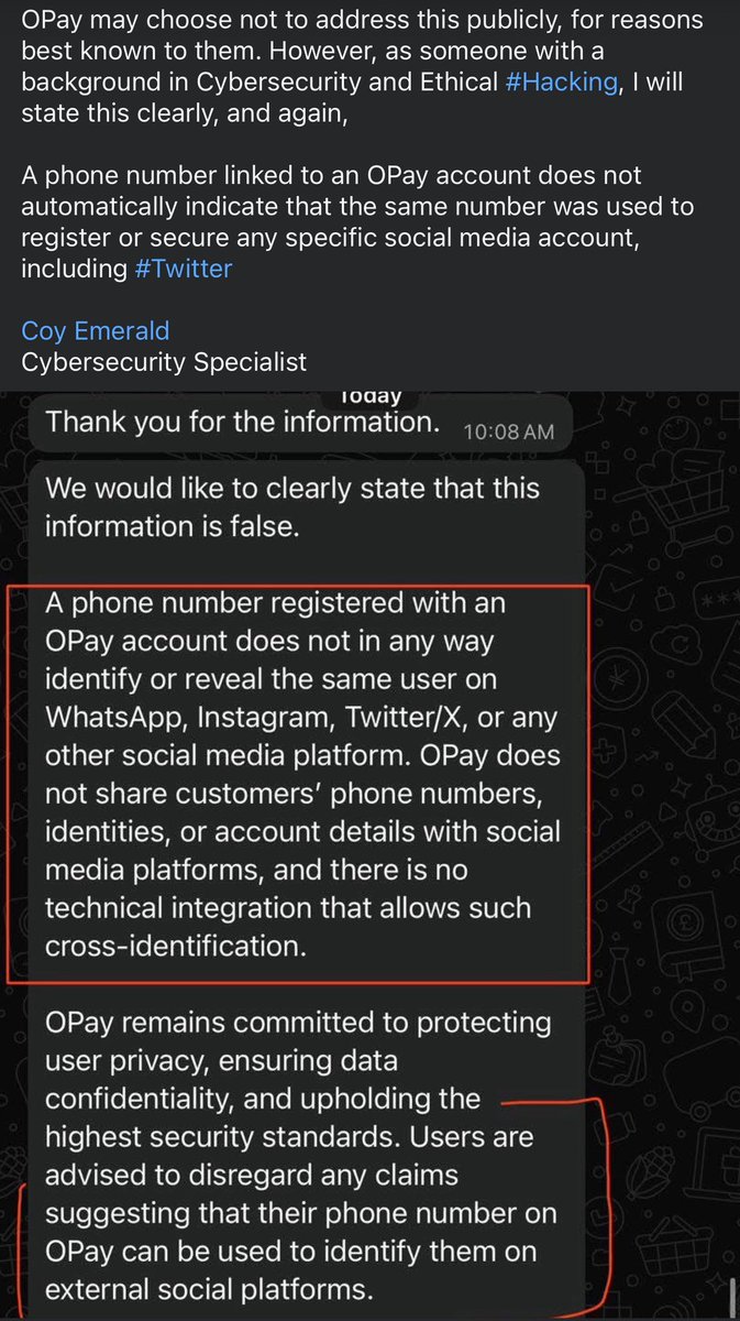 “A phone number registered with an OPay account does not in any way identify or reveal the same user on WhatsApp, Instagram, Twitter/X, or any other social media platform.” part of what  <a href="/OPay_NG/">OPay</a> <a href="/opaybusiness/">OPay Business</a> told me ni 10:10AM, April 12, 2026,  

<a href="/CoyEmerald1/">Coy Emerald (Yunus) 🇳🇬🇺🇦</a> 
CSO