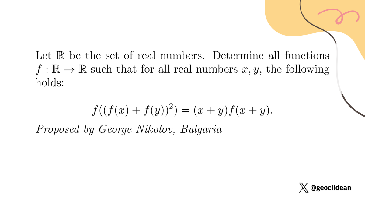 geoclidean's tweet photo. Symmetric Real Function at the EGMO
#FunctionalEquation #Algebra #EGMO #EGMO2026 https://t.co/Ty8iLFAb3X