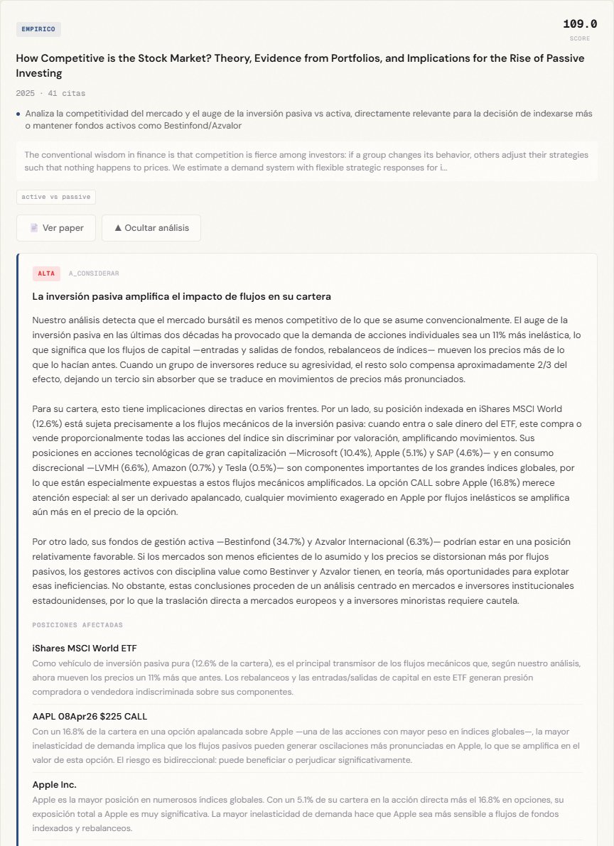 ¿Y si un agente leyera 200.000 papers de finanzas y te dijera cuáles afectan a tu cartera?"

He scrapeado todos los papers de finanzas de de fuentes académicas (SSRN, Arxiv... ≈200k desde 2018 + sistema de actualización), y montado un sistema agéntico en bquantfunds.info
