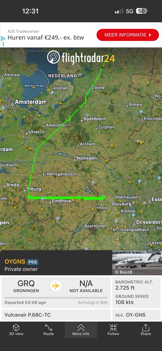 PatriciaSt1948's tweet photo. Het #BioFlight vliegtuig is weer op pad,kun je hem traceren in de buurt van #Eindhoven — #Tilburg . #chemtrails , #BioEngineering https://t.co/8nWwBUGswV