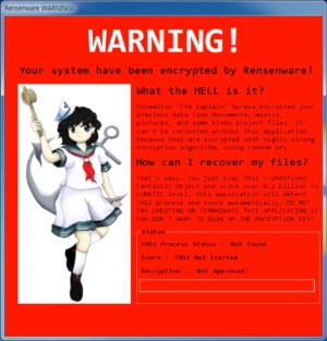 jollosiam's tweet photo. Rensenware was a peice of Ransomware developed by Korean undergraduate student and programmer Kangjun Heo for Windows operating systems out of boredom as a joke within the Touhou Project fandom. Once the files have been encrypted, a warning window depicting the character [1/3] https://t.co/LKe8UfSY4E