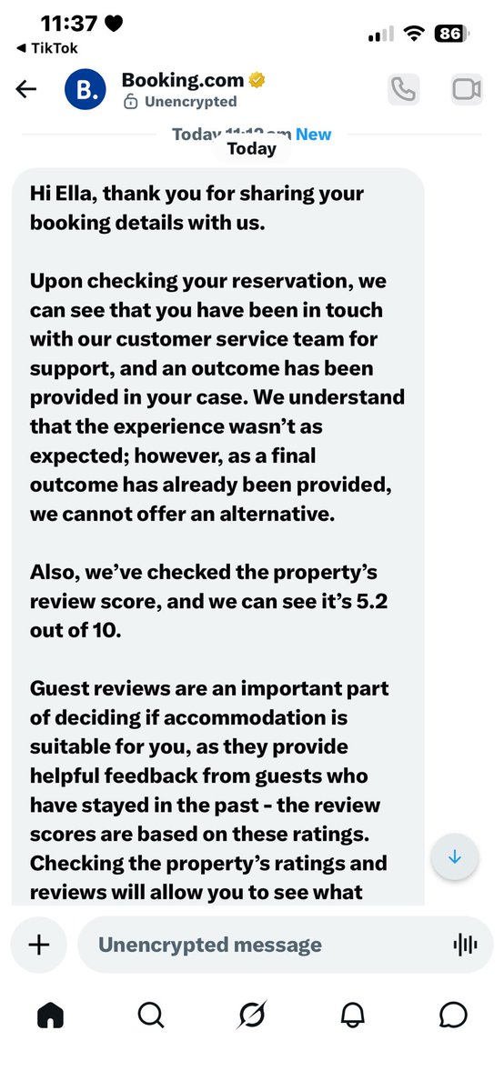elladodson09's tweet photo. @bookingcom’s response to a solo female traveler reporting a broken lock and stained bedding: 'The review score was low, so it’s your fault.' Disgraceful. I had to flee for my safety and they think a 5.2 score justifies a health hazard https://t.co/t07xcVDUoj