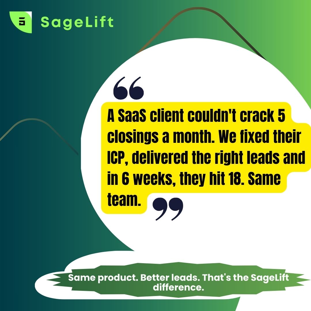 sageliftllc's tweet photo. Same offer.
Same team.
Different results.
What changed?
→ ICP clarity
→ Better lead quality
→ Smarter outbound
That’s the difference between “trying” and “scaling.”
#coldemail #leadgenerationstrategy #b2bgrowth #salesdevelopment #outboundmarketing #saasmarketing https://t.co/MvCPd2PmTb