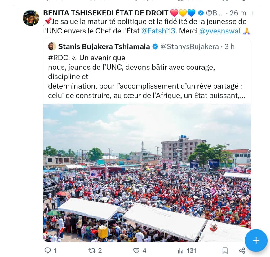 GBokanza48824's tweet photo. #UNC, #FNJ #GrandMeeting
Point du Président de l'inter-fédération UNC/KIN, Mwana mboka @JolMongu2 sur le grand meeting populaire organisé par la jeunesse Nationale de L'UNC hier Samedi 11 Avril 2026, dirigé par le président @yvesnswal
@BillyKambale1
@VitalKamerhe1 https://t.co/9aEFdorZ0A