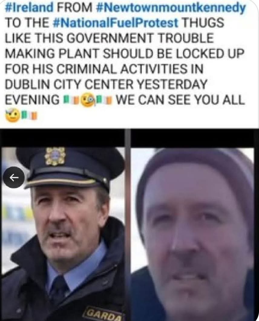 adrian_arty25's tweet photo. @gardainfo scum of a force planting agents in the crowd to cause trouble. Didn’t work tho and the protesters are their to make a point and not cause trouble. Something the Garda don’t have in mind they just want to cause trouble. 
#IrishRoads #irishprotests 
#ireland https://t.co/DP04FMBqKa